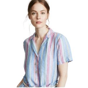 Frame Linen Striped Crop Shirt Madras Button Up Blouse Size Small